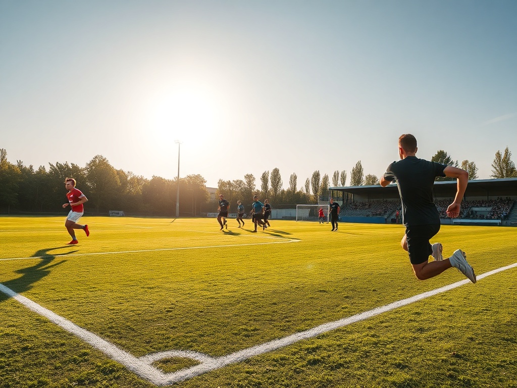 Piłkarze Zagłębia Sosnowiec świętujący sukces, w tle stadion klubowy