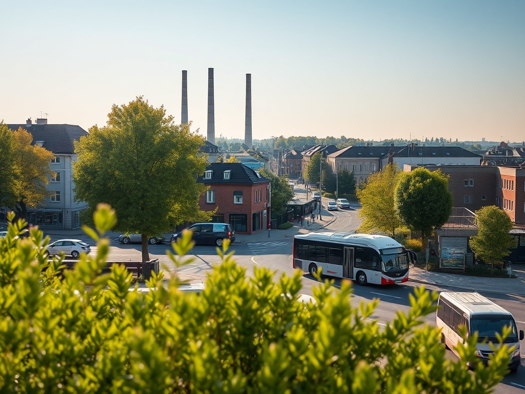 Pięć nowoczesnych autobusów elektrycznych zaparkowanych w zajezdni PKM Sosnowiec, symbolizujących inwestycję w ekologiczny transport.