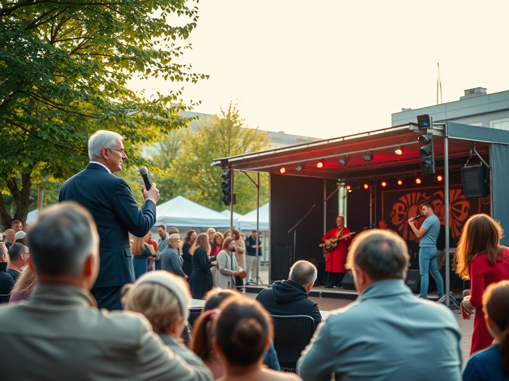 Ilustracja Sosnowca z nowymi lokalami rozrywkowymi i elementami nawiązującymi do lat 90.